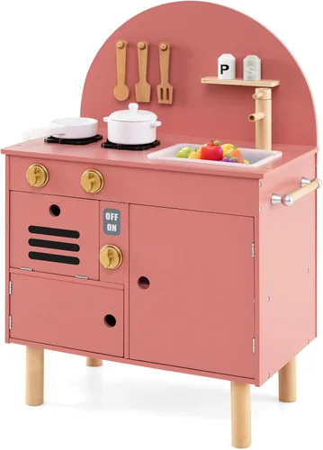Vista 11 de Costzon Juego de cocina para niños, cocina con estufas, grifo, fregadero, microondas, gabinete, horno y accesorios de cocina, cocina de madera