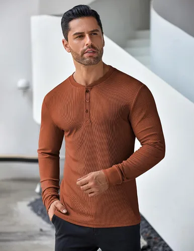 Vista 44 de COOFANDY Camisas Henley de manga larga para hombre, camisetas elásticas acanaladas, camisetas básicas casuales de moda