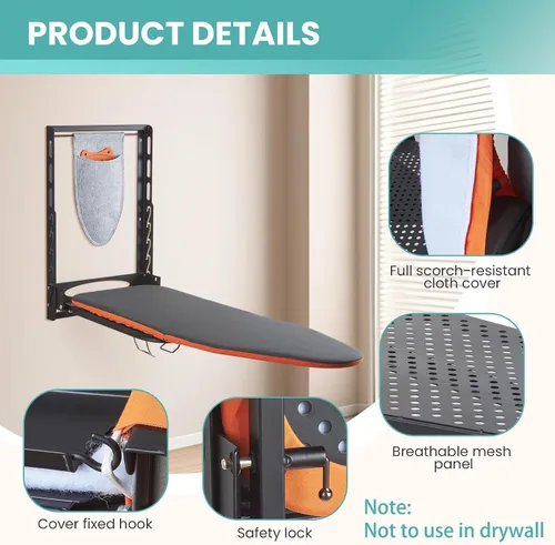 Vista 2 de Seiritex Tabla de planchar montada en la pared con soporte para plancha, 36 x 13 pulgadas, tabla de planchar plegable de montaje compacto