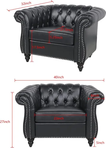 Vista 2 de LEVNARY Sillón Tapizado en Cuero, Silla Sofá Individual Estilo Mediados de Siglo Moderno con Brazos Curvos y Tachuelas, Silla Chesterfield de Cuero