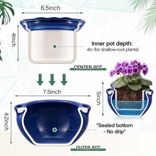 Vista 4 de 2 juegos de macetas para violetas africanas de 7.5 pulgadas, maceta de riego automático para plantas de interior de cerámica, maceta de riego