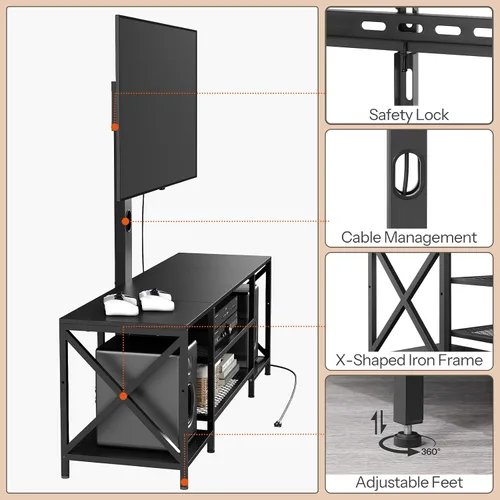 Vista 7 de HOOBRO Soporte de TV con soporte y toma de corriente, centro de entretenimiento LED con soporte giratorio para TV de 32/45/55/60/65/70/75 pulgadas