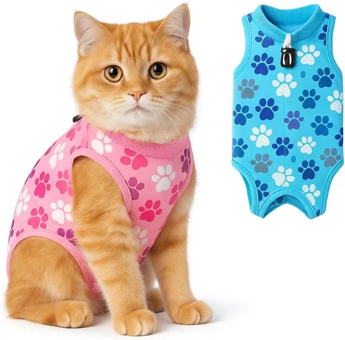 Vista 8 de Traje de recuperación para gatos: Traje de poscirugía azul suave para gatos con diseño de huella de pata - Traje de recuperación elástico