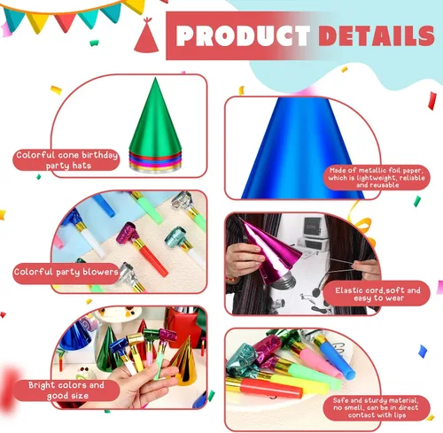 Vista 3 de Sotiff Juego de 200 sombreros y sopladores para fiesta de cumpleaños, cono colorido, sombrero metálico de papel de aluminio para niños y adultos