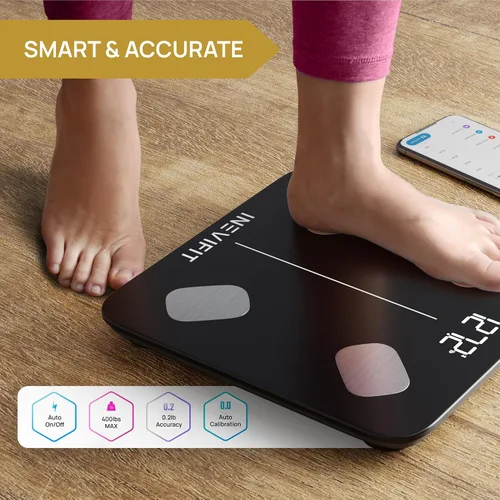 Vista 5 de INEVIFIT Báscula inteligente de grasa corporal, analizador digital Bluetooth de composición corporal de baño altamente preciso, mide peso, grasa