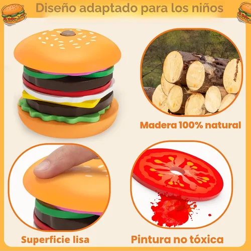 Vista 4 de Jumlys Montessori Juguetes de Madera Apilables de Hamburguesa para Niños de 2, 3, 4, 5 Años, Juguetes de Motricidad Fina para Niños y Niñas