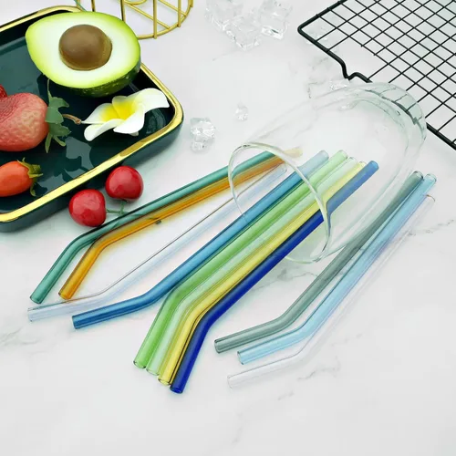 Vista 4 de JASHII Pajitas de vidrio reutilizables, pajitas transparentes de 7.87 x 0.3 pulgadas con cepillo limpio, estuche de viaje negro para bebidas Azul