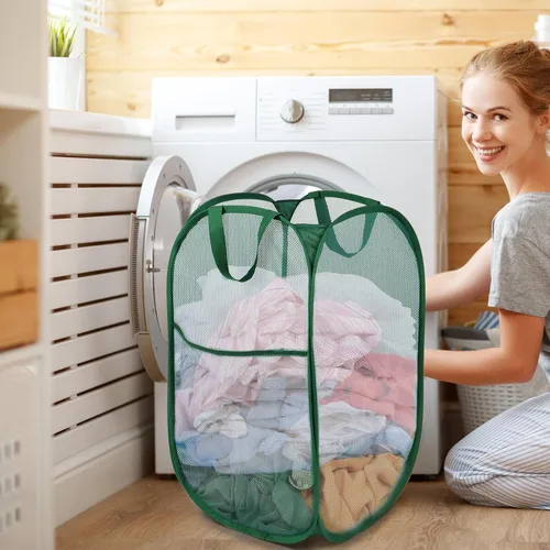 Vista 2 de Cestas plegables duraderas para lavandería, cesta desplegable resistente a desgarros para lavandería, cesta de ropa plegable con asas de transporte