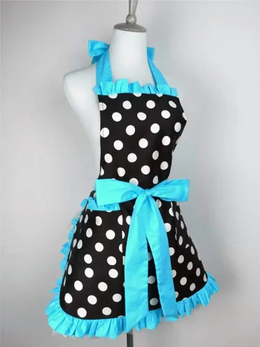 Vista 2 de Hyzrz Lindo delantal retro negro de lunares retro con volantes laterales vintage delantales de cocina con bolsillos para mujeres y niñas (lado azul)