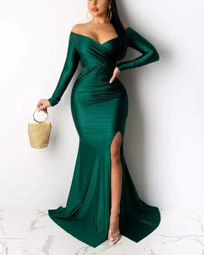 Vista 4 de Vestido de noche para mujer, con hombros descubiertos, con cortes que dejan ver la pierna desde el muslo, largo y formal, vestido de noche