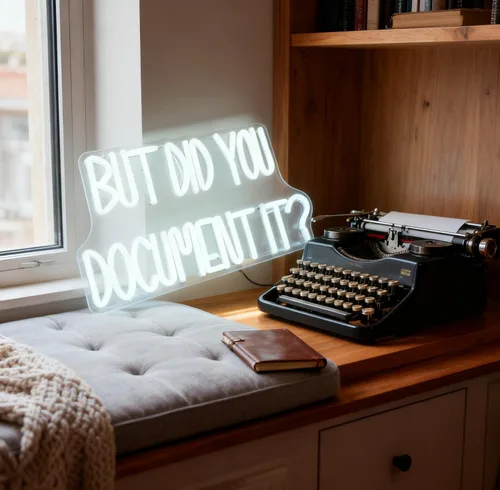 Vista 5 de Letrero de neón con texto en inglés "But Did You Document It", con cita de humor de oficina, luz de neón LED blanca, alimentada por USB, luz