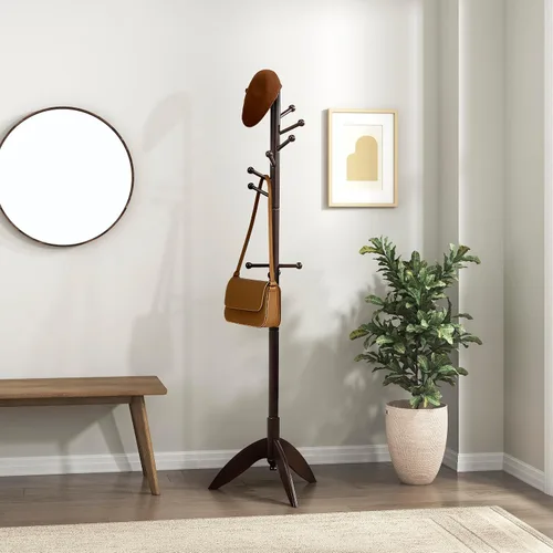 Vista 6 de Lexicon Perchero resistente de madera maciza con 9 ganchos para colgar para sombreros, bufandas, bolsos, perchero de madera de 3 niveles para árbol