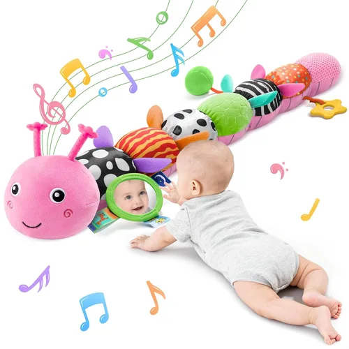 Vista 8 de Juguetes para Bebés Sensoriales Musicales de Animales de Peluche para Infantes de 0-3-6-12 Meses Tiempo Boca Abajo Recién Nacido, Oruga de Peluche