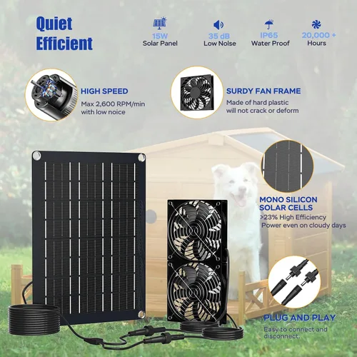 Vista 4 de MARBERO Kit de ventilador solar de 4.7 pulgadas, panel solar de 15 W con 2 ventiladores impermeables, ventilador de aire de entrada o escape