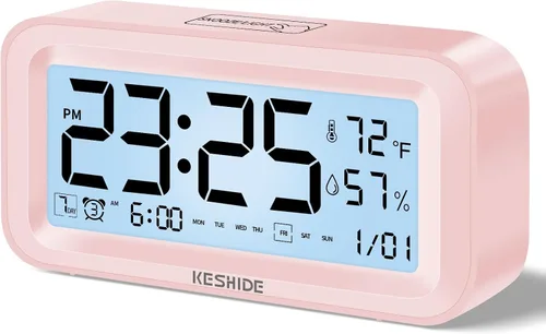 Vista 10 de Reloj despertador digital con luz nocturna, funciona con pilas, con temperatura interior y humedad, reloj pequeño de escritorio, modelo con función