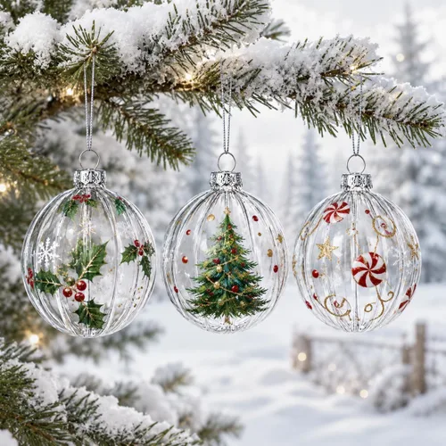 Vista 2 de Elegante juego de 3 bolas de cristal transparente a rayas adornos de Navidad de 3.5 pulgadas