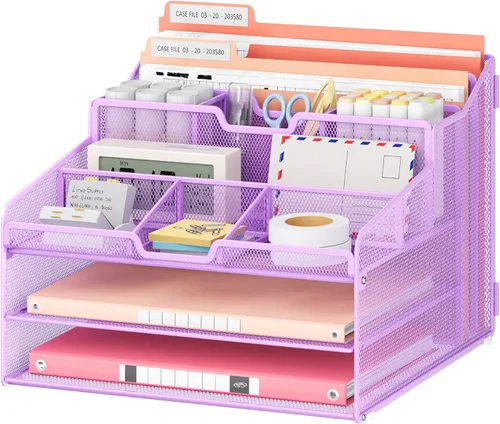 Vista 10 de Lavatino Organizador de escritorio, malla metálica con 2 bandejas de papel para cartas, 7 divisores flexibles, 2 soportes verticales para archivos