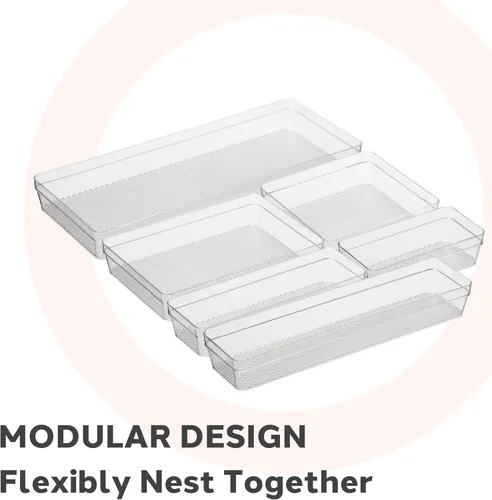 Vista 4 de Oggi Organizador de cajones transparente, 3 x 9.5 pulgadas (juego de 6), ideal para organizar cajones de cocina, oficina, escritorio, cubiertos