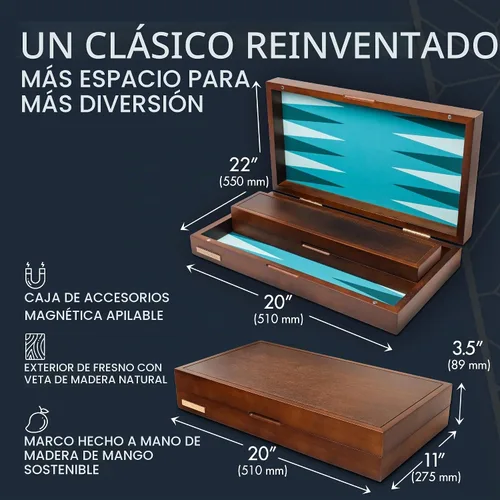 Vista 6 de Pointworks Juego de Backgammon de 20 Pulgadas Grande para Adultos, Tablero de Backgammon Verde, Madera Sólida. Bandeja de Accesorios Desmontable