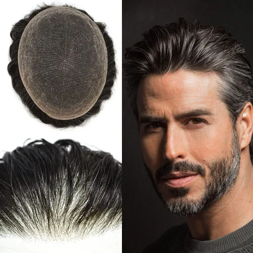 Vista 9 de Completo suizo encaje tupé para hombres pieza de pelo real sistema de reemplazo de cabello humano para hombres Toupee Hairpieces para hombres 7x9