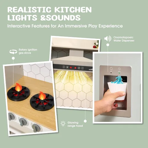 Vista 5 de Play Kitchen - Juego de cocina de juguete de madera para niños con luces y sonidos simulados, cocina de madera Montessori con fregadero, estufa