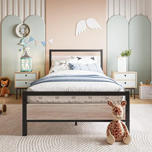 Vista 13 de BOFENG Marco de Cama Individual con Cabecera de Madera, Marco de Cama de Plataforma Individual de Metal Tamaño Individual Sin Somier Necesario Negro