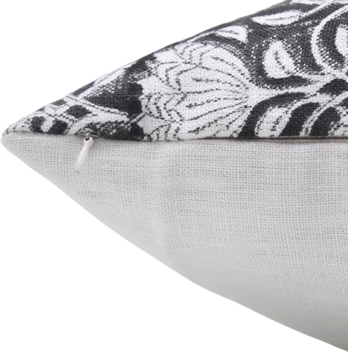 Vista 3 de Funda de cojín elegante de lino blanco roto con estampado de bloque a mano, 14 x 14 pulgadas, con cremallera invisible para sofá, cama, sala de Negro