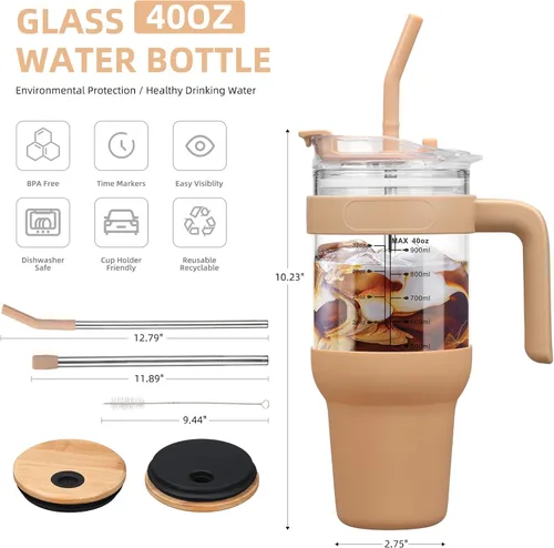 Vista 4 de Chunmo Vaso de vidrio de 40 onzas con 2 tapas, tapa de popote de bambú y tapa de popote 2 en 1, taza de café helado con asa, botella de agua de Ámbar