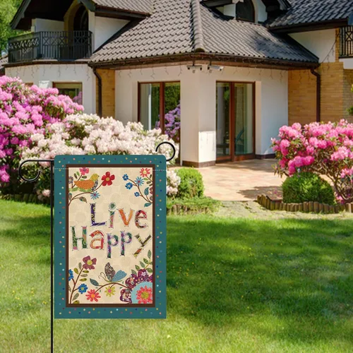 Vista 7 de Hzppyz Live Happy - Bandera decorativa pequeña para jardín con flores, pájaro, primavera y verano, cita inspiradora para casa, patio, decoración