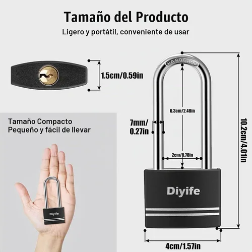 Vista 5 de Diyife [Versión mejorada] Candado de aluminio con llave - Candado de grillete largo impermeable con 2 llaves para escuela, casillero de gimnasio