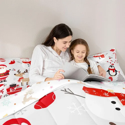 Vista 6 de Erosebridal Lindo juego de edredón de pingüino de dibujos animados, ropa de cama de Feliz Navidad, tamaño individual, regalos de Papá Noel