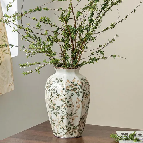 Vista 15 de Jarrón de cerámica verde y blanco con asa, florero rústico para decoración de hogar estilo “chinoiserie”, “grandmillenial” y toscano, jarrón