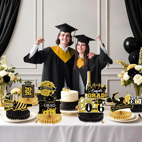 Vista 2 de Decoraciones de fiesta de graduación 2026 – 8 piezas de decoración de fiesta de graduación negro dorado clase de 2026, centros de mesa de panal