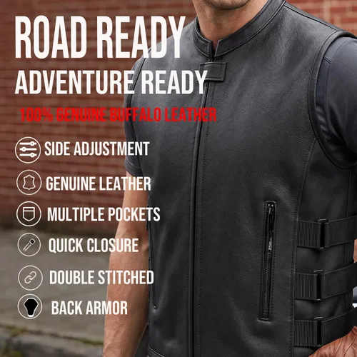 Vista 4 de Armor Biker - Chaleco ajustable de cuero para hombre, color negro