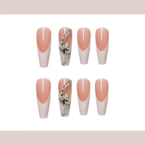 Vista 69 de Uñas postizas francesas a presión, uñas postizas largas de acrílico con forma de ataúd de cobertura completa, uñas postizas de bailarina
