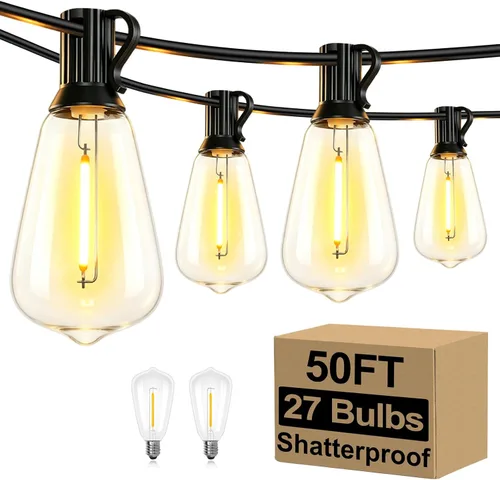 Vista 25 de Brightever Luces de Cadena para Exteriores de 25 Pies, Luces de Patio ST38 con 13 Bombillas Edison, Luces Colgantes Impermeables Conectables