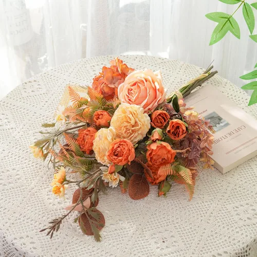 Vista 7 de Arreglos florales artificiales de seda de 17 pulgadas, ramos de flores artificiales que consisten en ranúnculos, crisantemos silvestres, rosas Ámbar