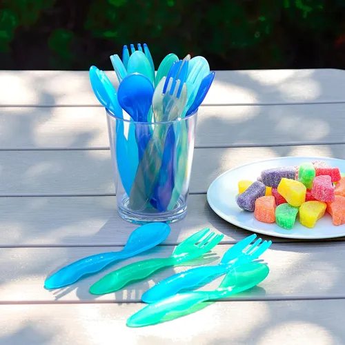 Vista 3 de Youngever 18 utensilios de plástico para niños pequeños, tenedores de plástico para niños, cucharas para niños, tamaño grande, juego de 9 en 9