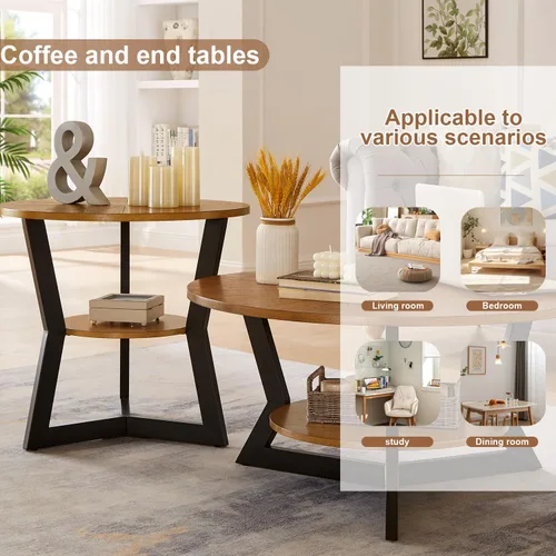 Vista 7 de Mesa auxiliar, mesa auxiliar redonda de madera para sala de estar con mesa de 2 niveles con estante de almacenamiento, diseño de soporte triangular