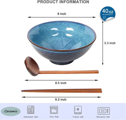 Vista 4 de Juego de cuencos de cerámica japonesa de ramen con palillos, cuencos Pho de 8 pulgadas y 40 onzas y tazón de sopa asiático y cucharas para fideos