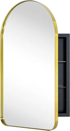 Vista 4 de Botiquín de baño empotrado en arco dorado cepillado con espejo de acero inoxidable con marco de metal rectangular con espejo de 16 x 28.3 pulgadas