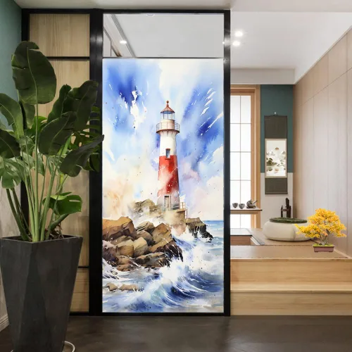 Vista 8 de Película de privacidad para ventana de faro blanco retro, estilo costero, acuarela abstracta, vitrales, película de adherencia estática para tiendas