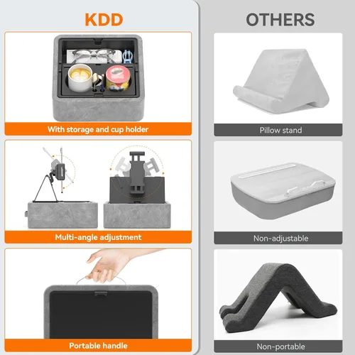 Vista 11 de KDD Soporte de almohada para tableta, soporte ajustable para iPad para cama, regazo y escritorio con dos portavasos y bandeja de almacenamiento