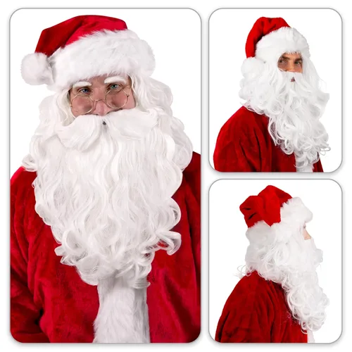 Vista 2 de Kangaroo Juego de barba y peluca blanca de Papá Noel para adultos, pelo sintético suave y esponjoso, ropa de disfraz de Navidad para fiestas