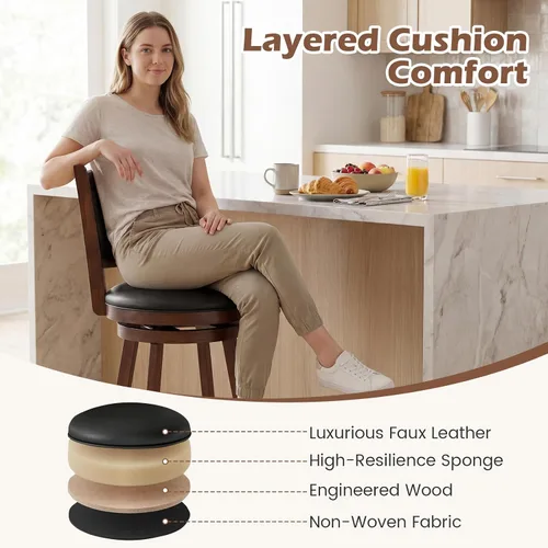 Vista 4 de COSTWAY Juego de 2 taburetes de bar, giratorios de 360 grados, taburete giratorio de madera con acento de altura, diseño tapizado de cuero, asiento