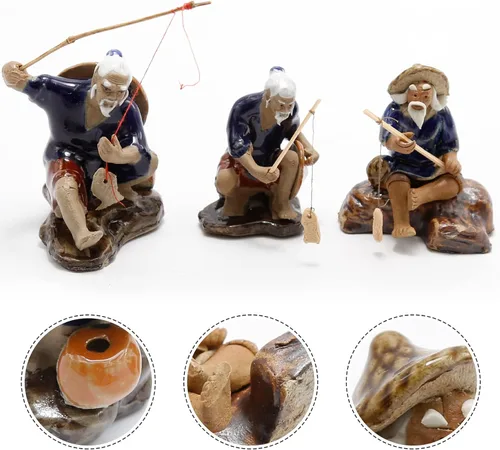Vista 6 de 3 piezas de pescador estatua de pesca adorno bonsái accesorio árbol olla china hombre cerámica jardín decoración pecera bonsái jardín decoración