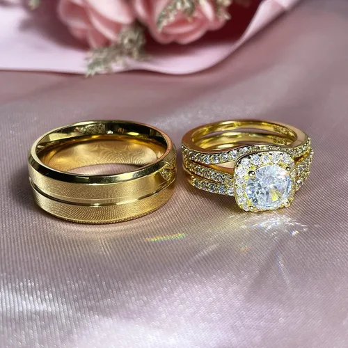 Vista 3 de Anillos a juego para parejas, anillos a juego de 1.8 quilates chapados en oro de circonita cúbica para mujer, conjuntos de anillos de boda para él