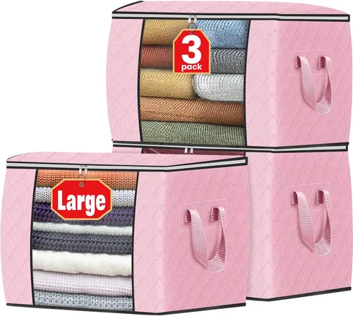 Vista 7 de Fab totes Paquete de 3 bolsas de almacenamiento plegables de tela gruesa, contenedores para organizar dormitorio, armario, ropa, edredón, Beige