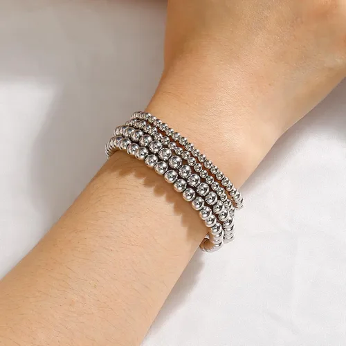 Vista 3 de Pulseras de cuentas de oro para mujer, juego apilable de bolas de cuentas, pulsera elástica elástica chapada en 14 quilates, joyería delicada