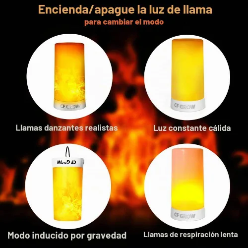 Vista 7 de Luz LED con efecto de llama, recargable por USB, impermeable, regulable, 4 modos, linterna con efecto de detección de gravedad y base magnética
